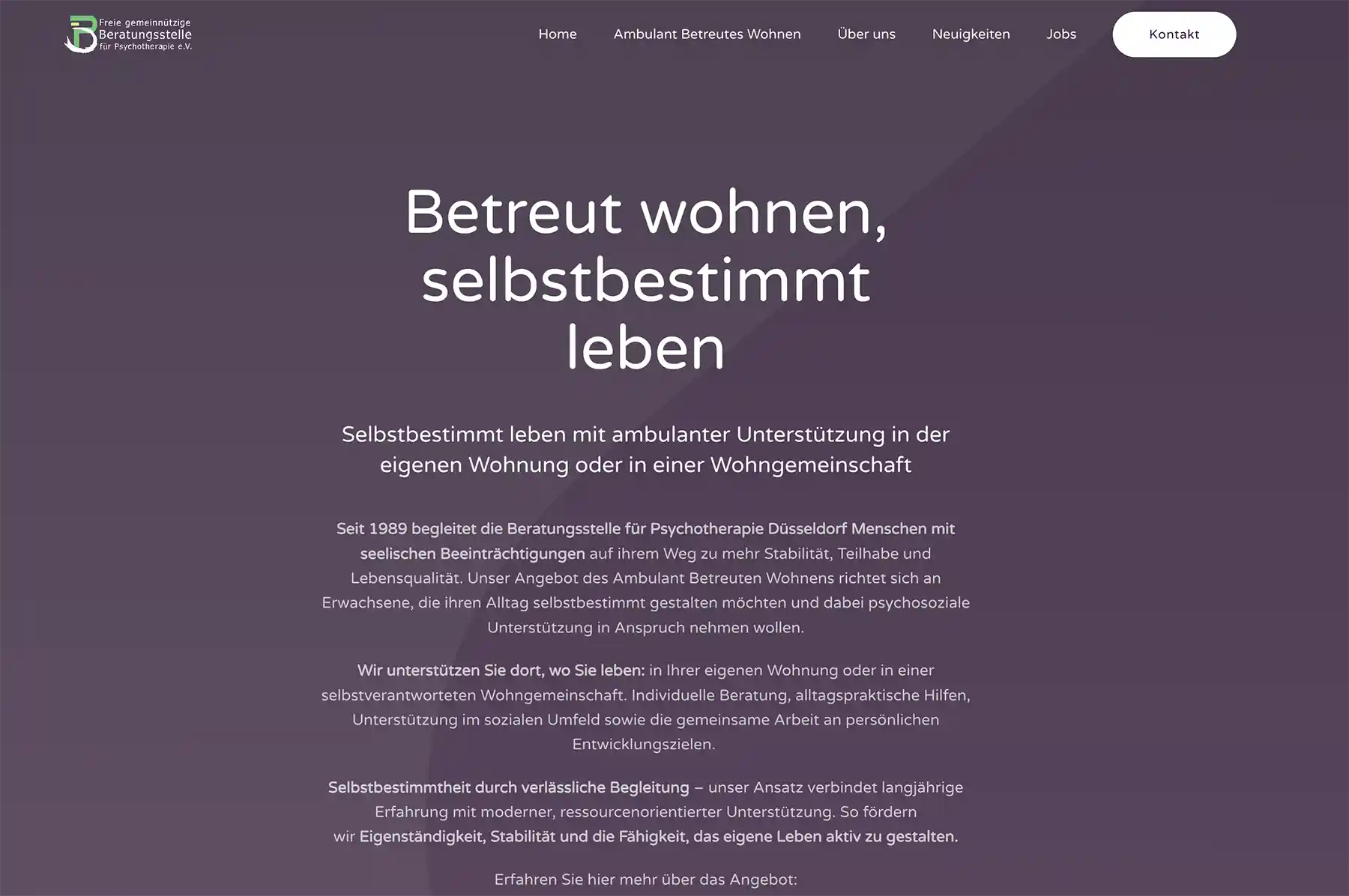 Homepage der Beratungsstelle für Psychotherapie: Ambulant betreutes Wohnen in Düsseldorf für selbstbestimmt leben.